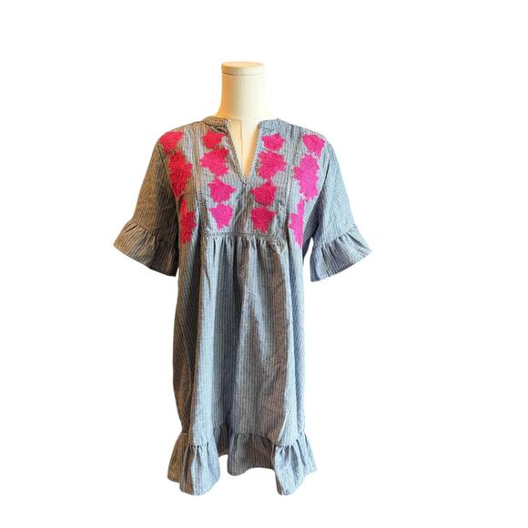 Entro Boho Dress Womens S Blue Stripe Embroidered Floral Ruffle Cotton Cottage - Picture 1 of 12